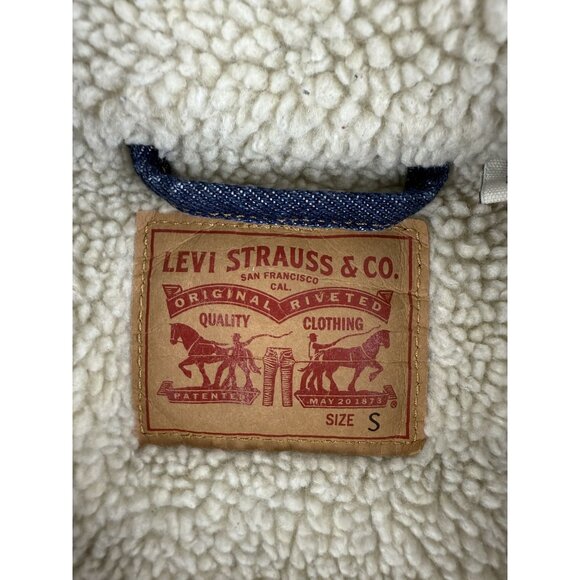 Levi’s Dark Wash Sherpa Lined Denim Trucker Jacket Blue Women’s Cotton Size S - Picture 4 of 9